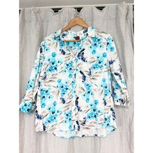 212 NY Womens Blue White Floral Button Down Shirt 3/4 Sleeve Stretch Top Size L
